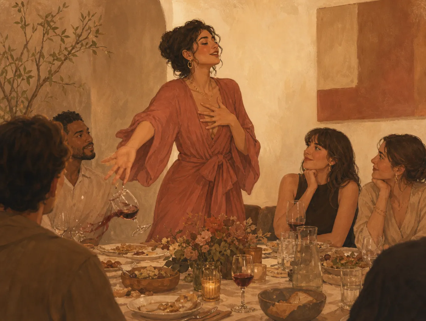 Histrionic Personality Disorder Test: a woman dramatically retelling a story at dinner, her wide gesture tipping over a