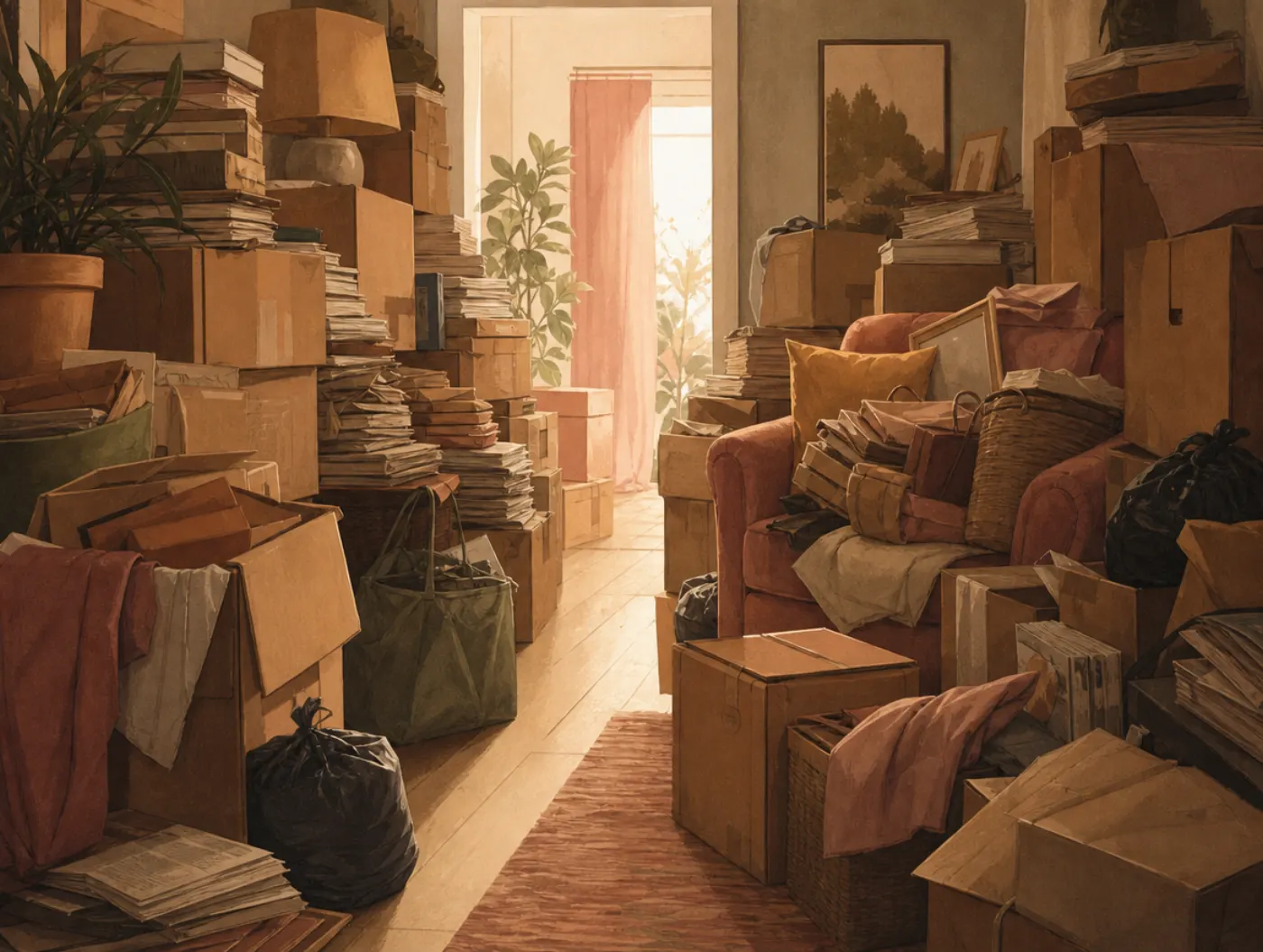 Hoarding Disorder Test: a narrow path through a room stacked with boxes and newspapers to the ceiling