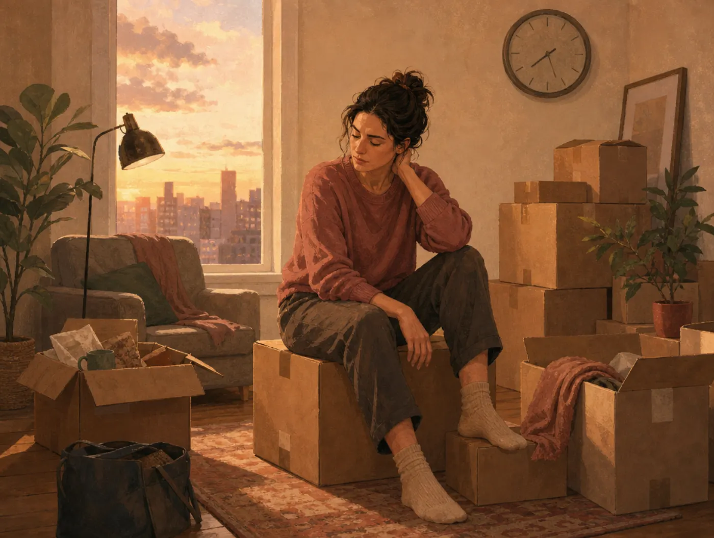 Holmes-Rahe Stress Inventory: a tired adult sits on a moving box among stacked cartons in a new apartment at dusk