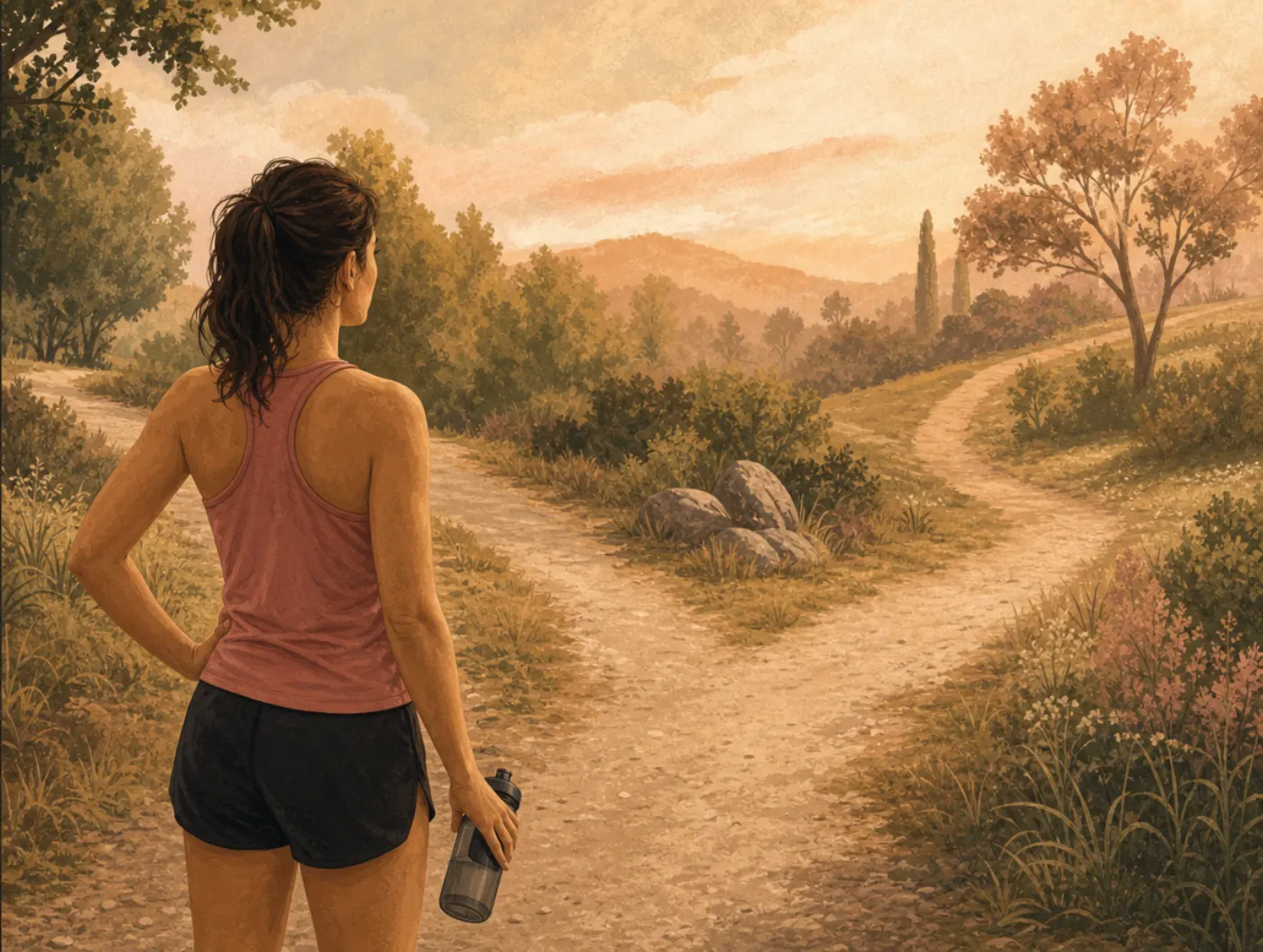 Hope Test: a runner pausing at a fork in a trail, weighing two paths before choosing one to run