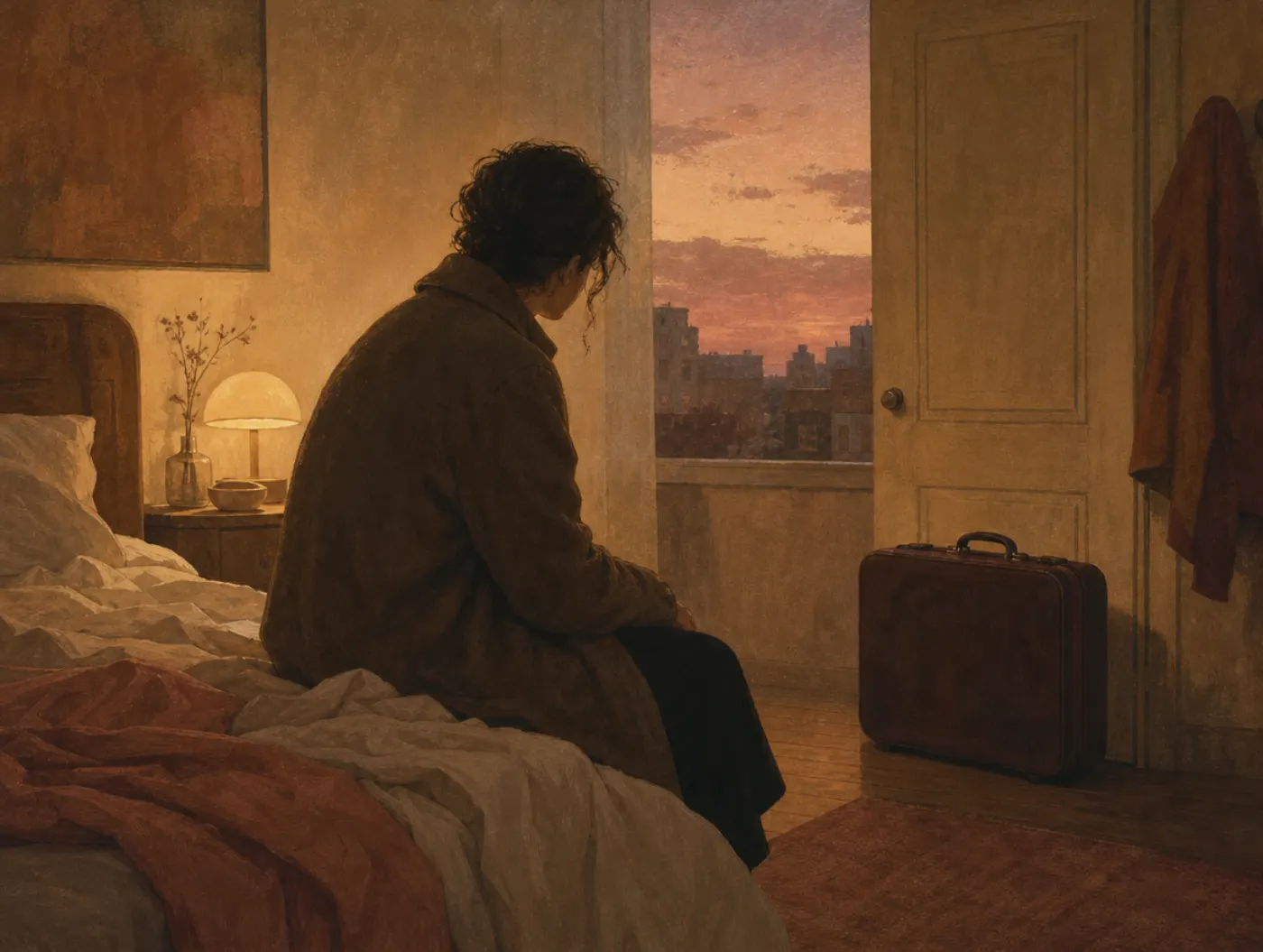 Hopelessness Test: an adult in a coat sits on an unmade bed at dusk, shoulders slumped, staring at a closed door