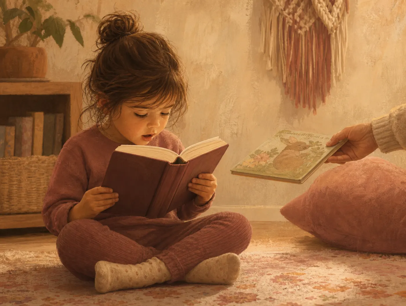 Hyperlexia Test: young child reading aloud from an advanced chapter book, ignoring a parent's offered picture book