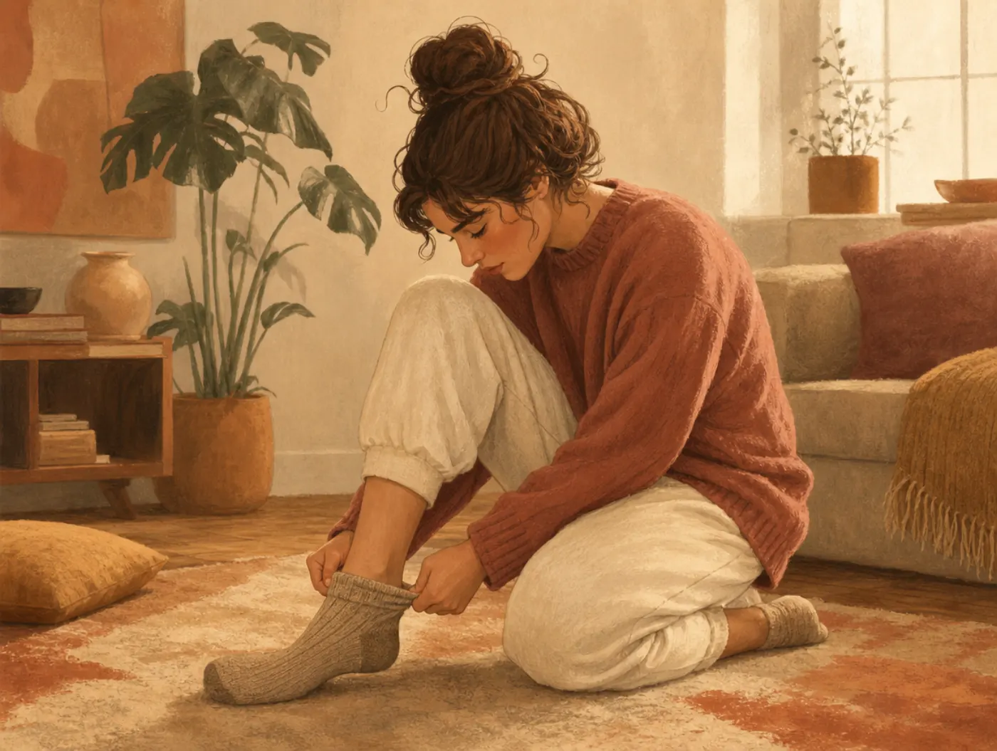 Hypermobility Test: a person kneeling on the floor tugging on a sock, thumb bent back against the fabric, leg folded awk