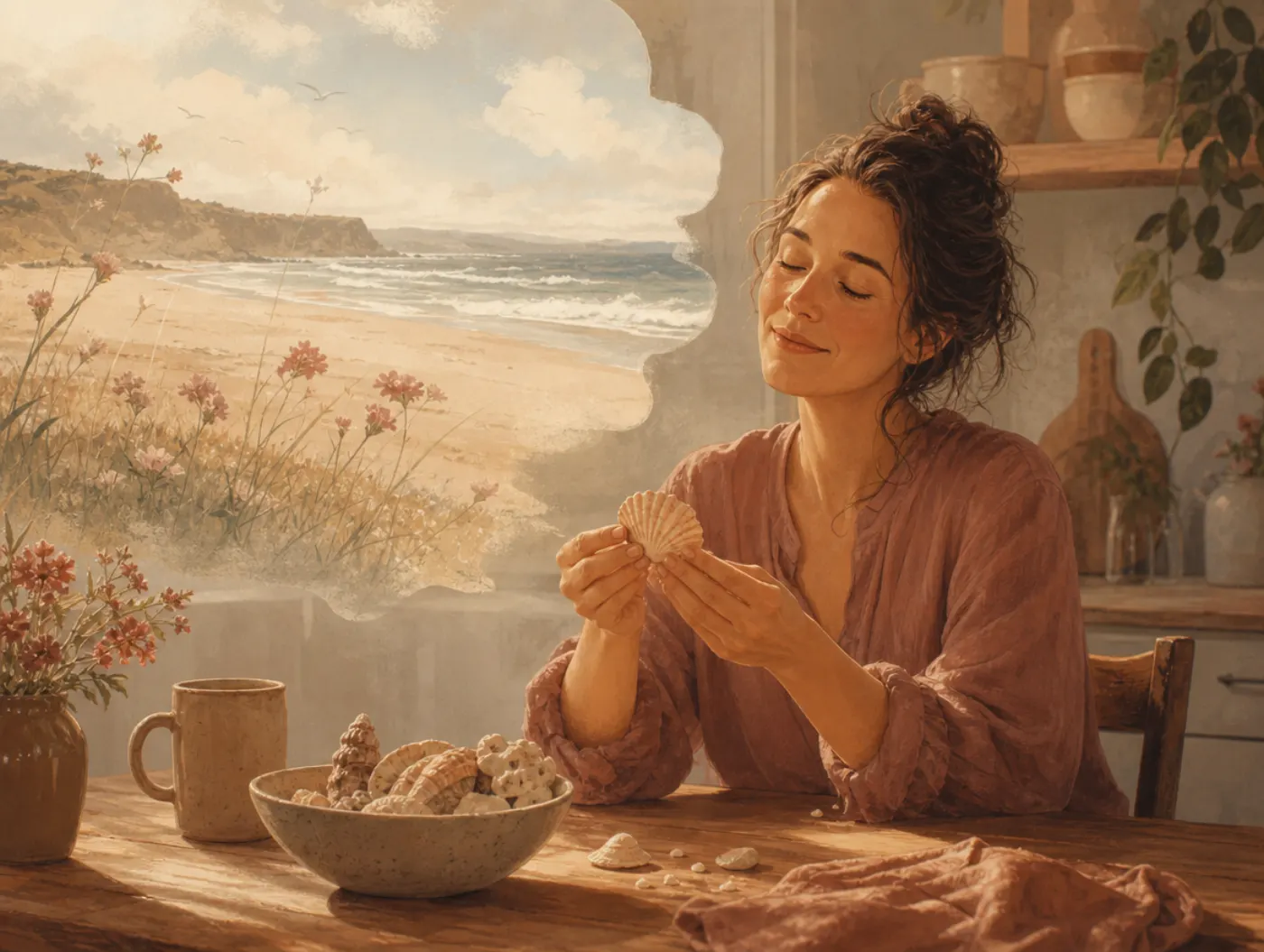 Hyperphantasia Test: adult with eyes closed turning a seashell, vividly recalling a remembered beach