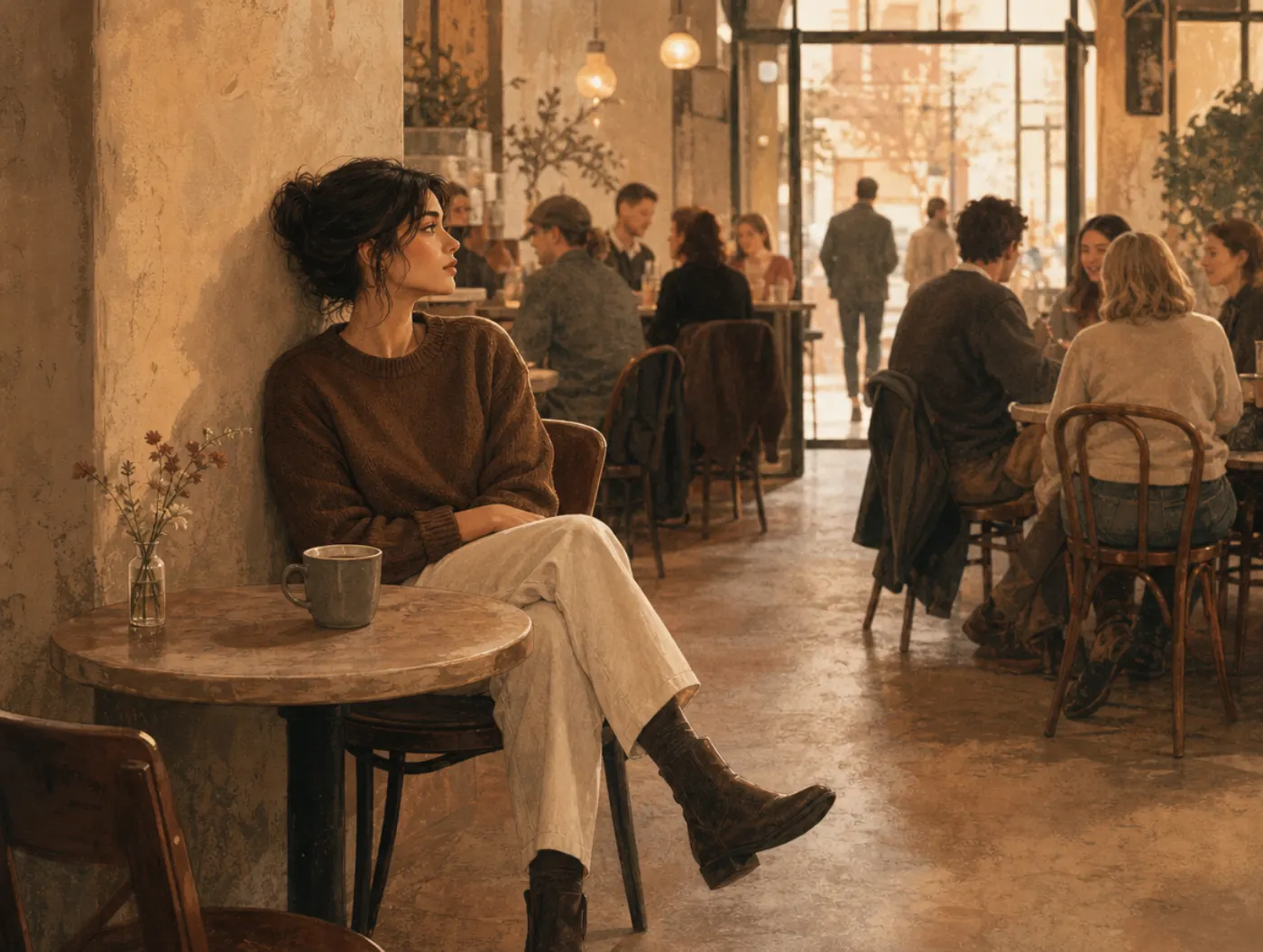Hypervigilance Test: person seated against the wall in a café, watching the door, untouched drink going cold