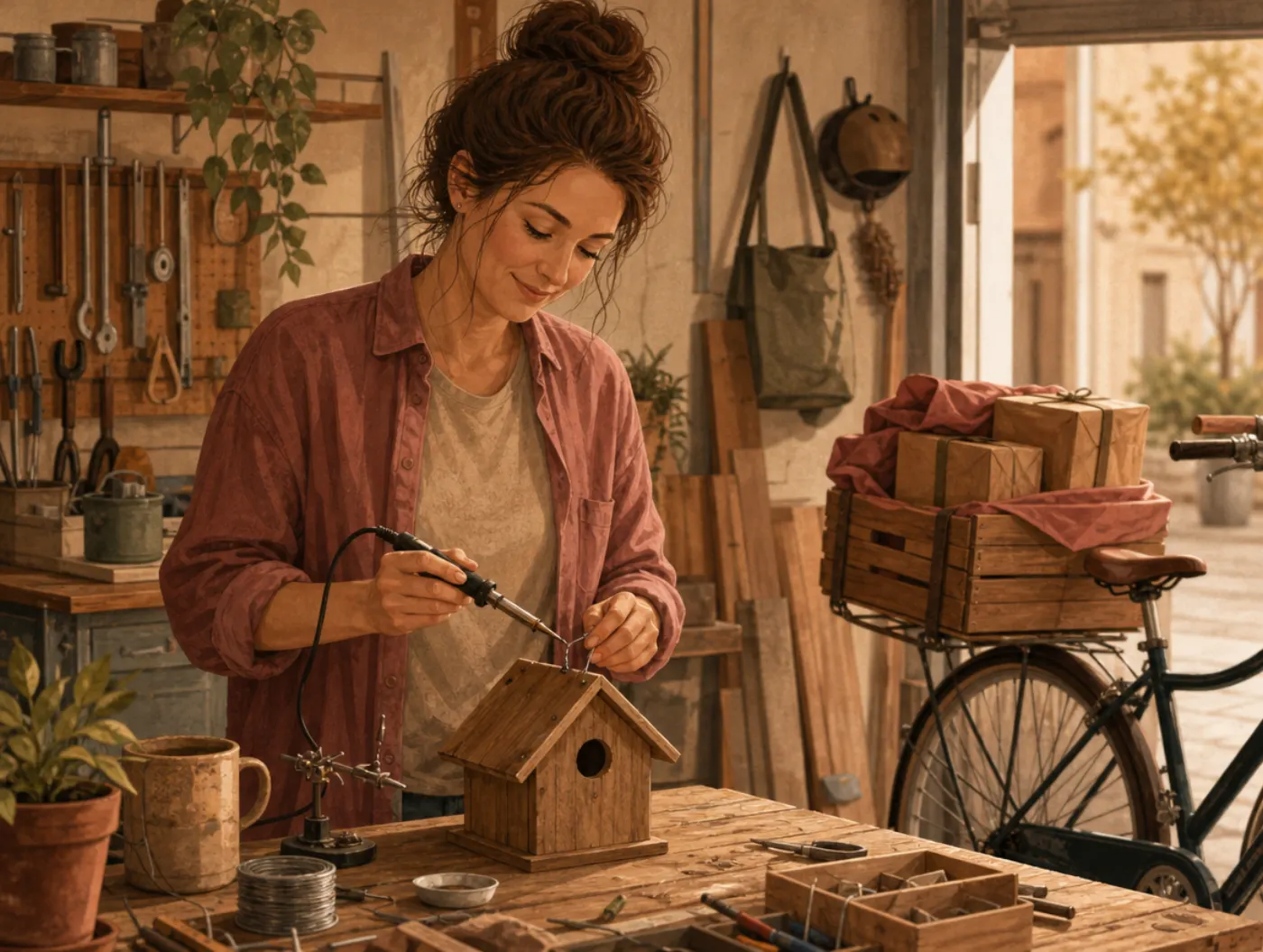 Ikigai Test: a woman absorbed in building a wooden birdhouse at a garage workbench, a delivery crate behind her