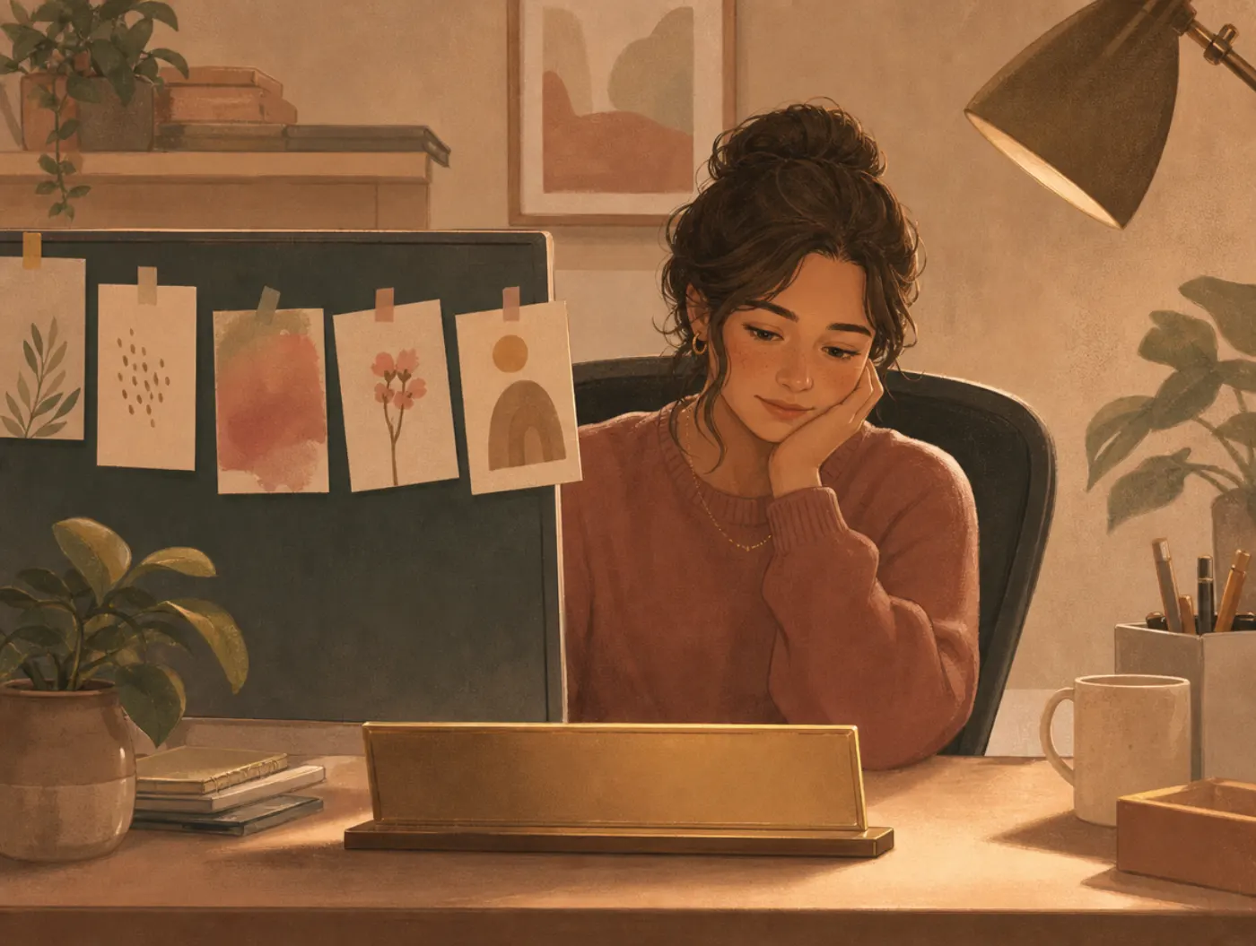 Imposter Syndrome Test: a promoted worker staring blankly at their new desk nameplate