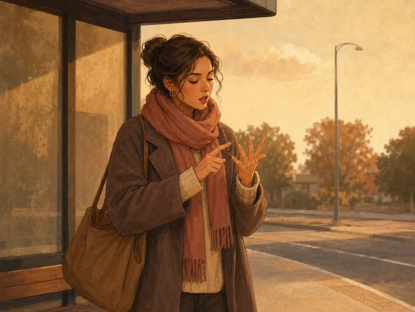 Inner Monologue Test: a commuter at a bus stop, lips parted, ticking off silent arguments on their fingers