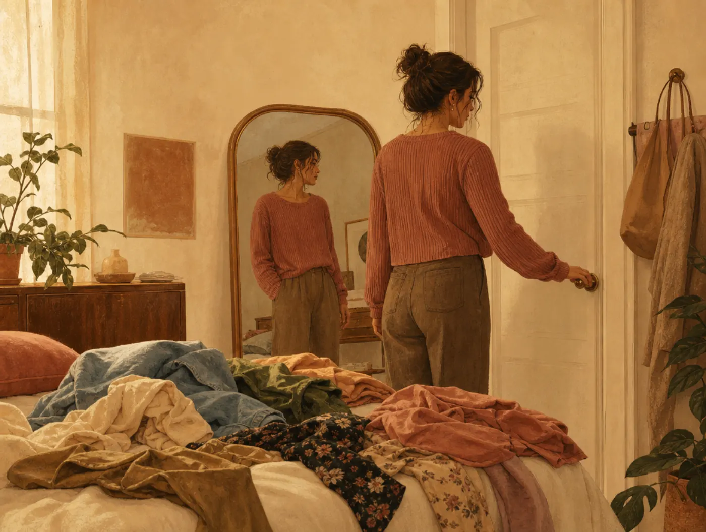 Insecurity Test: a person hesitating at the door, discarded outfits on the bed, checking their reflection one more time