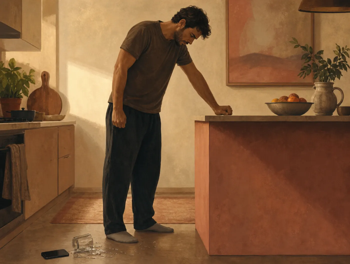 Intermittent Explosive Disorder Test: man pressing his fist to the counter, knuckles white, after knocking over a glass
