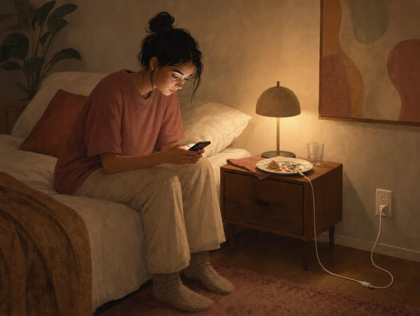 Internet Addiction Test: person on bed at night lit by phone glow, an untouched cold dinner plate beside them