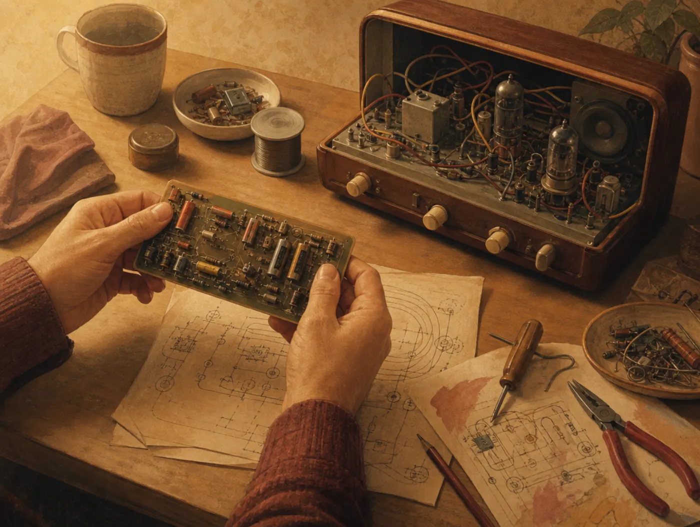 INTJ or INTP? Which Type Are You: tinkerer holds a finished circuit board over an open radio chassis and wiring diagrams