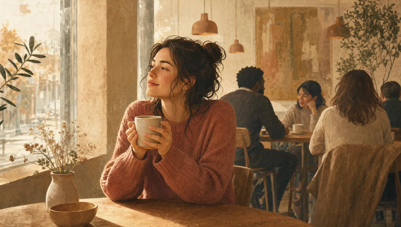 Introvert or Extrovert Test: Person at cafe window table holding coffee while others move through the space