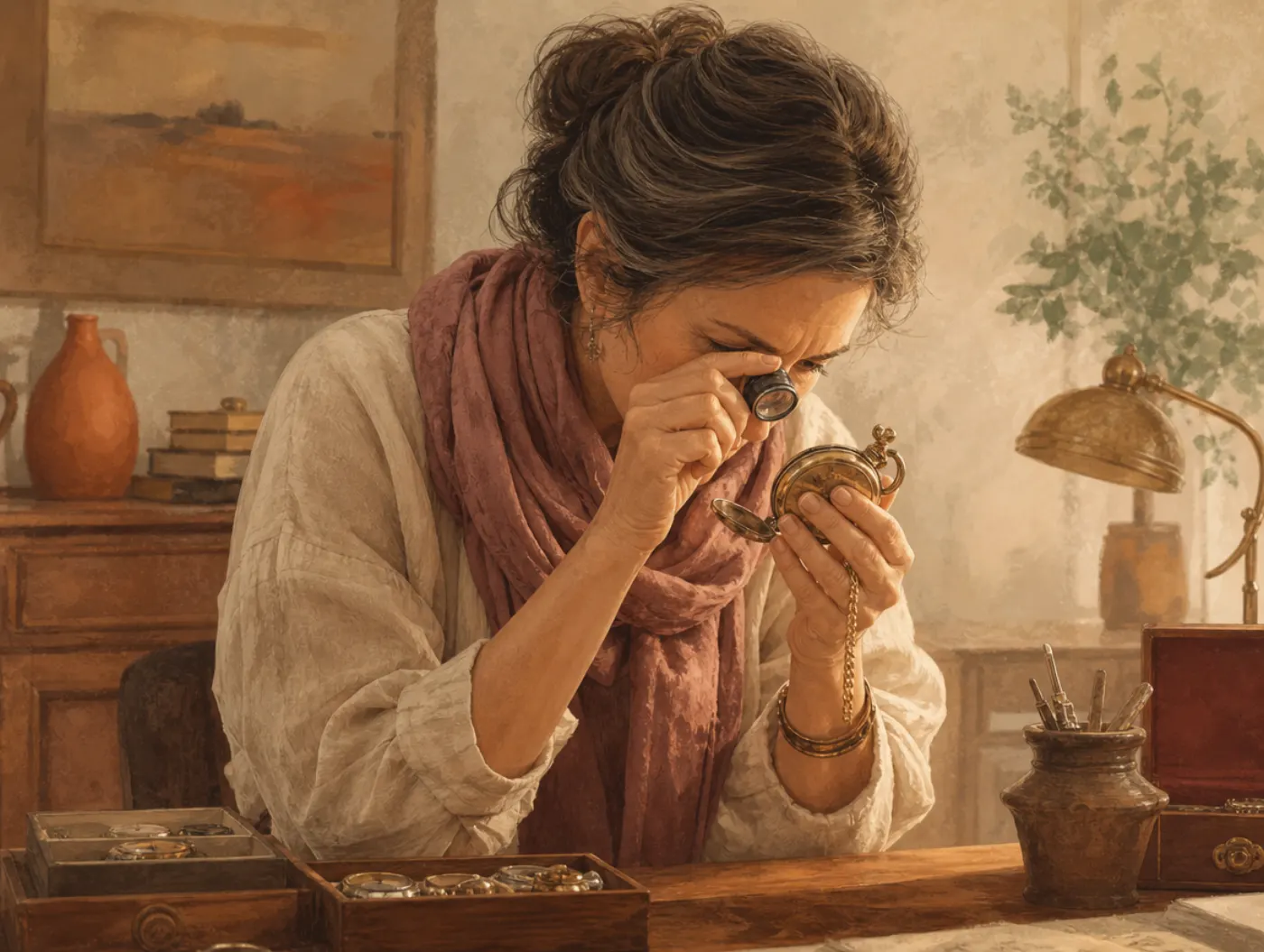 Intuition Test: an appraiser pauses on a hunch over a watch, then checks the maker's mark with a loupe