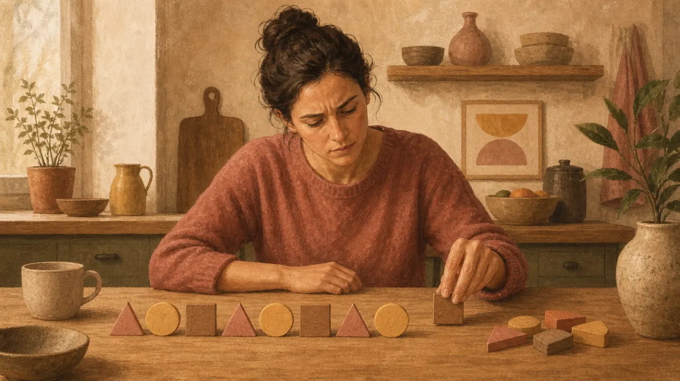 IQ Test: Free Reasoning Quiz: an adult arranging wooden pattern blocks at a kitchen table, mid-sequence
