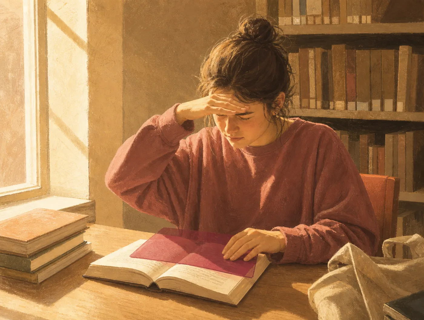 Visual Stress Test: student squinting under glare, shielding eyes, reading with a colored overlay on a book page
