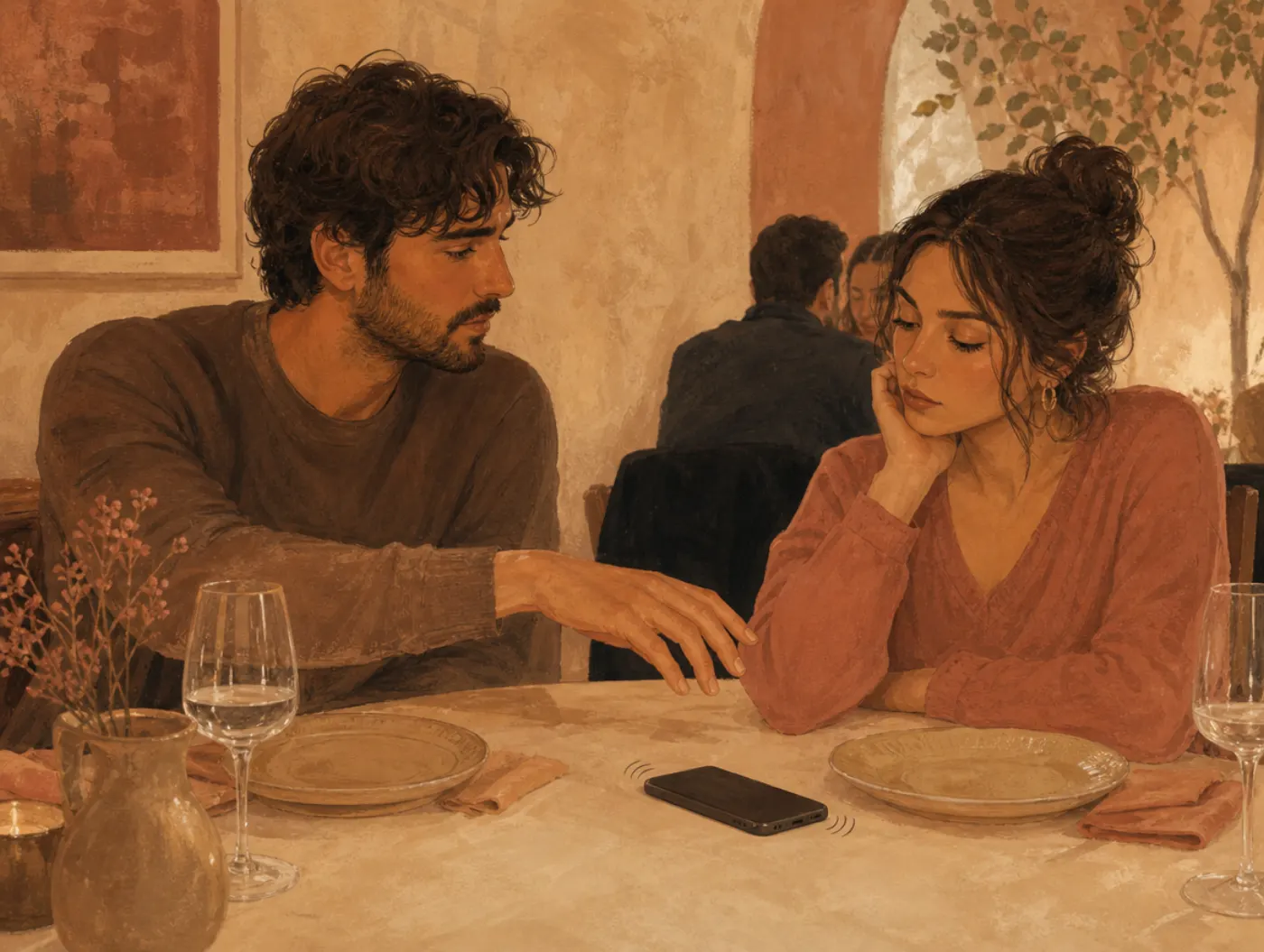 Jealousy Test: partner reaching toward a buzzing phone face-down on a restaurant table beside untouched food