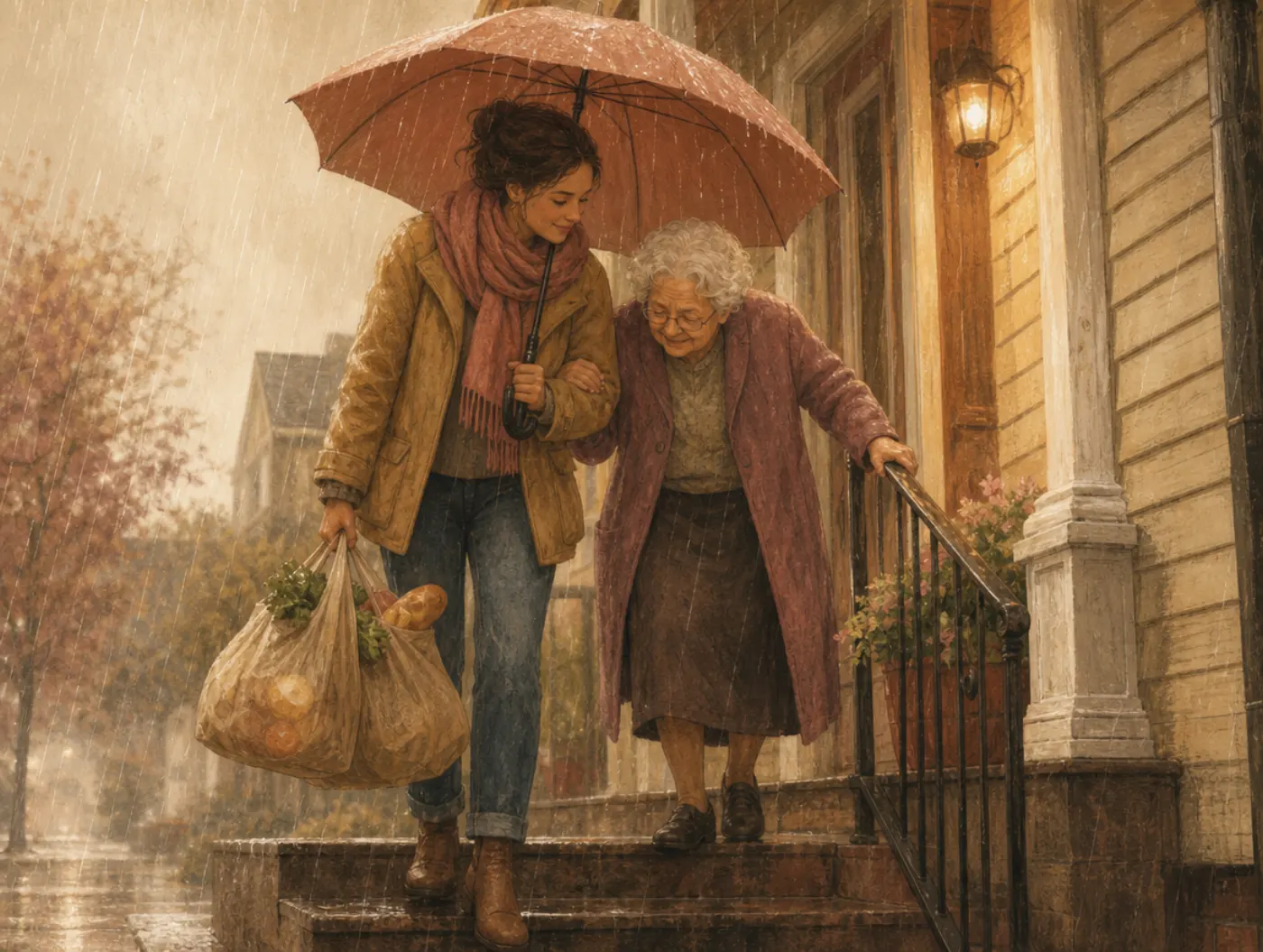 Kindness Test: an adult sharing an umbrella while carrying an elderly neighbor's groceries up rainy steps