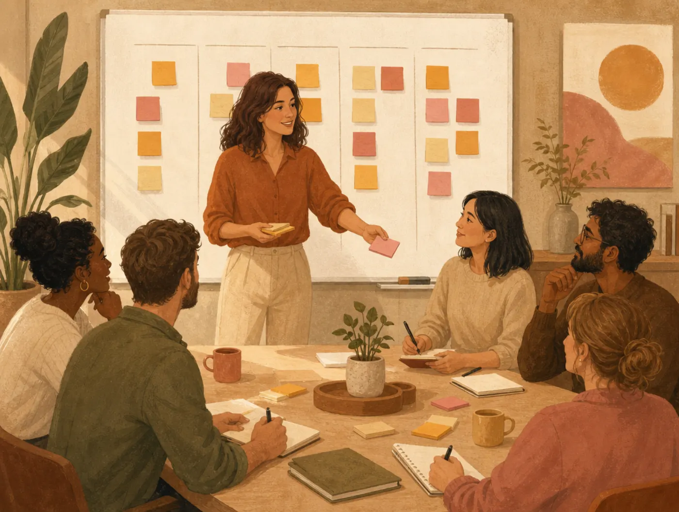 Leadership Style Quiz: a manager assigning tasks on a sticky-note whiteboard to a team gathered around a table