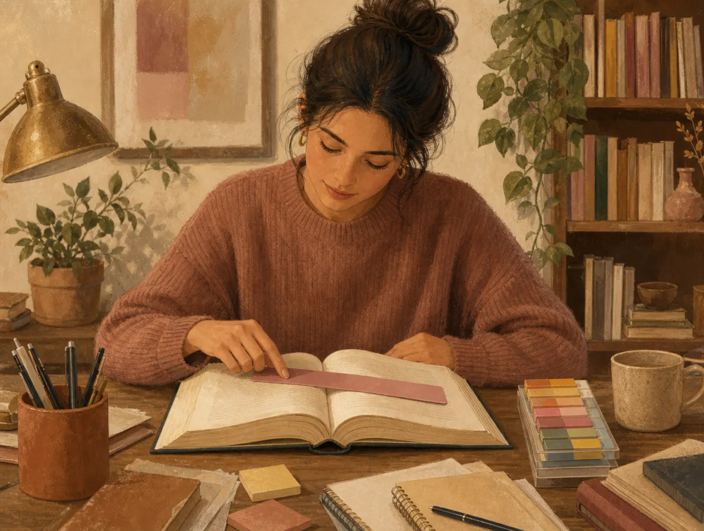 Learning Disability Test: an adult uses a colored reading ruler over a book page, sticky tabs marking nearby pages on a