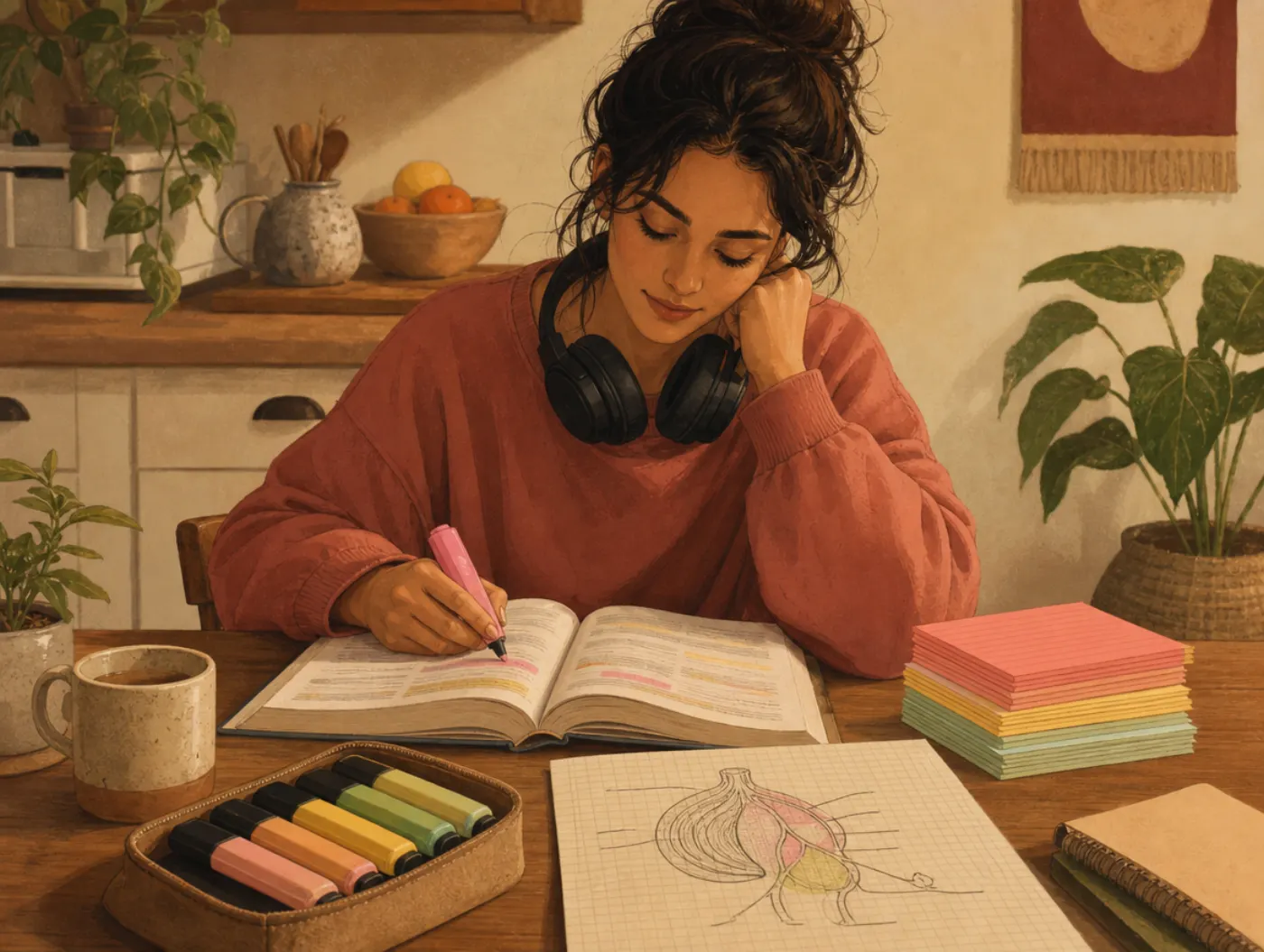 Learning Style Test: adult studying with headphones, an open textbook, color-coded index cards, and a hand-sketched diag