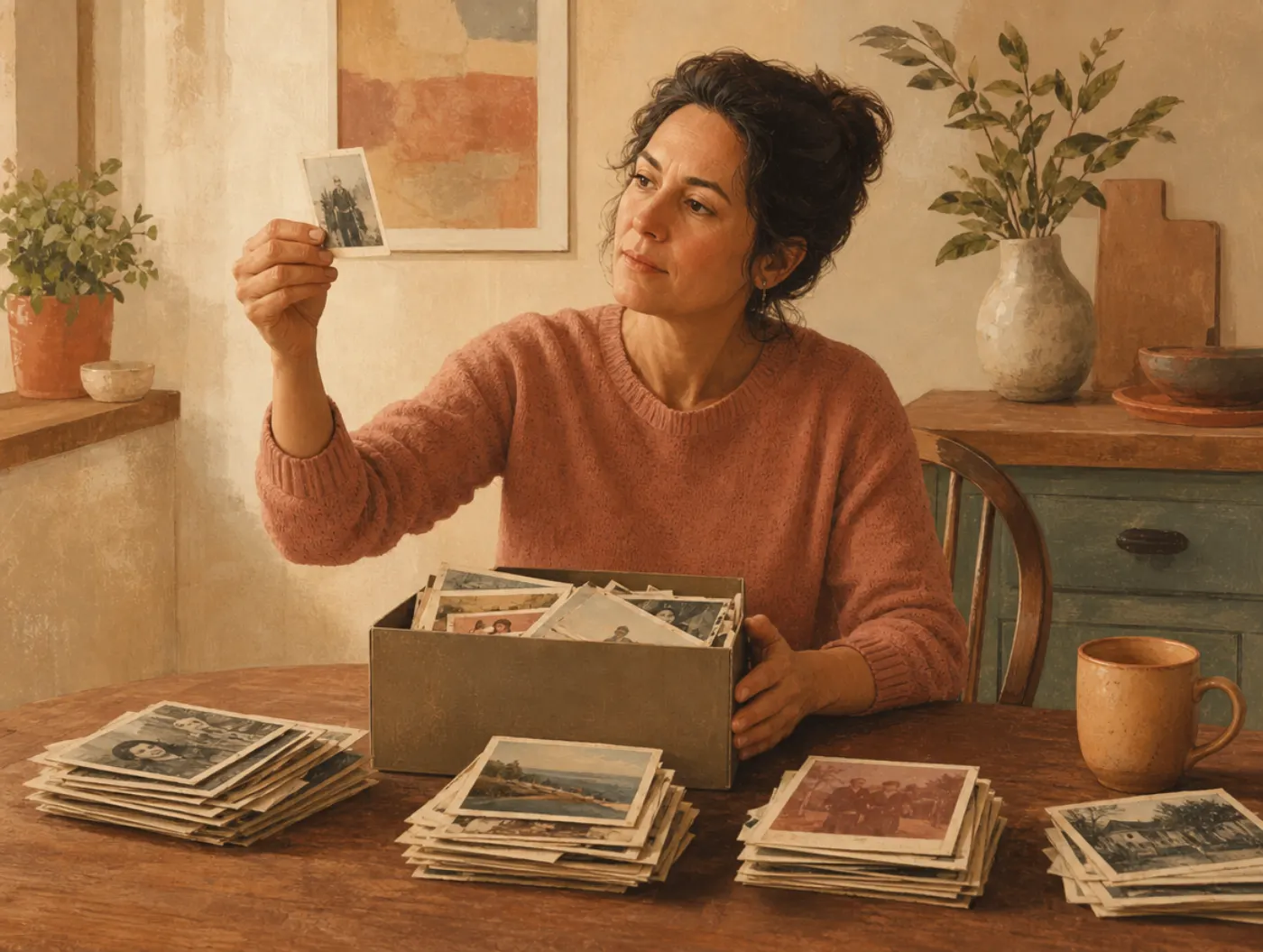 Life Events Checklist: Trauma Exposure Screen: an adult sorting old photographs into piles by decade at a kitchen table