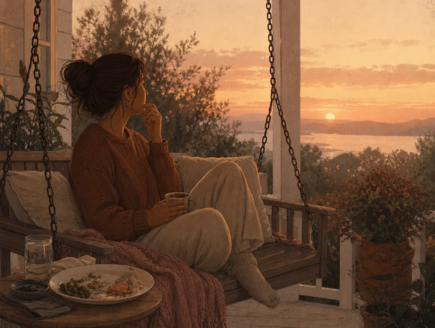 Life Satisfaction Test: a person on a porch swing at dusk with a half-eaten dinner plate, quietly weighing the different
