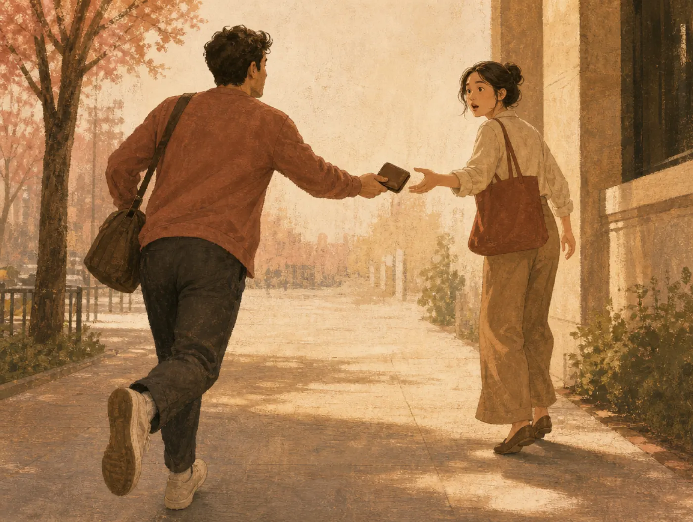 Light Triad Test: a commuter returning a stranger's dropped wallet on a sidewalk, unseen and unrewarded