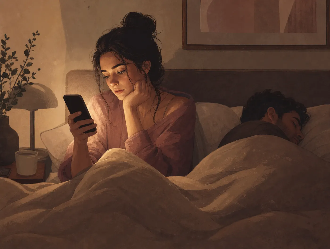 Limerence Test: a person awake at 3am rereading old texts on their phone while their partner sleeps beside them