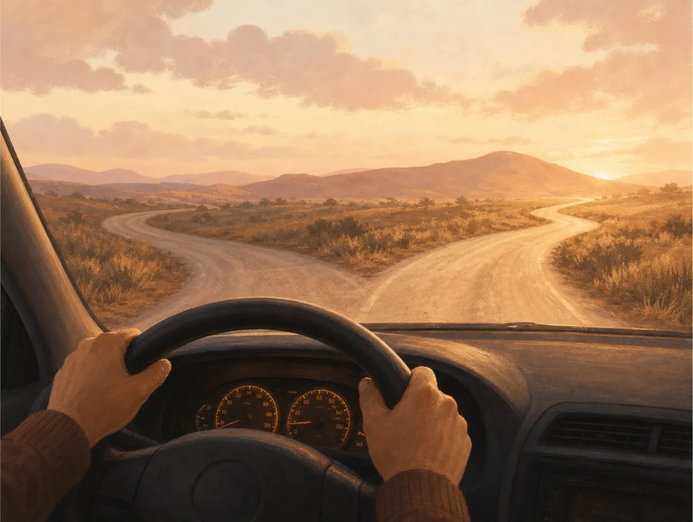 Locus of Control Test: hands on a steering wheel choosing a direction at a fork in the road