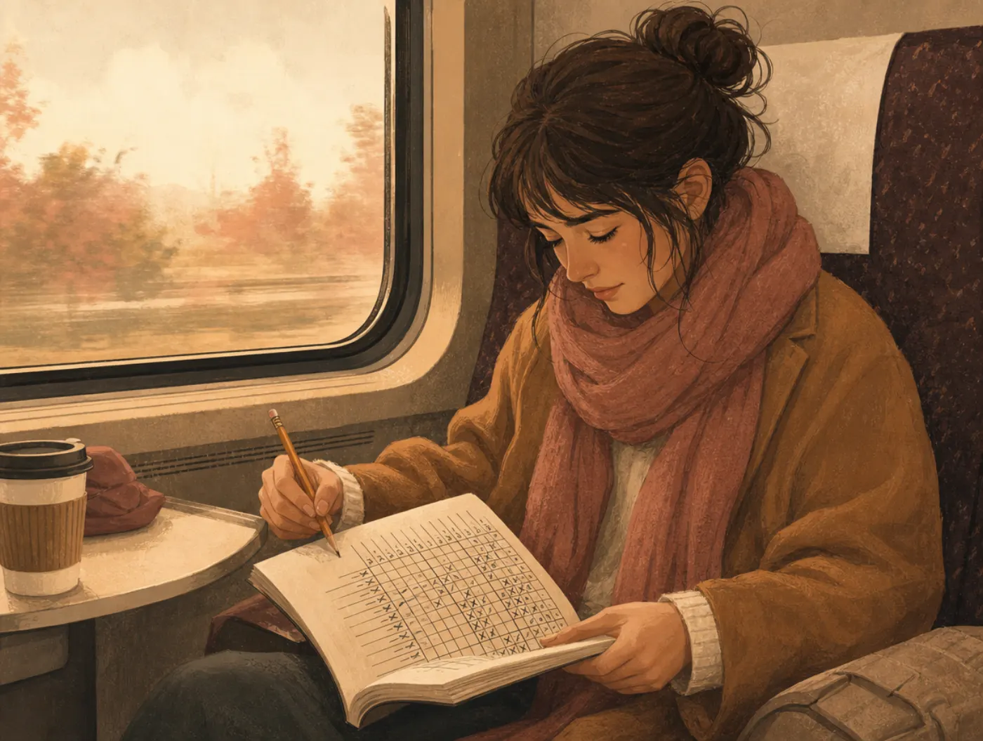Logical Reasoning Test: commuter marking checkmarks and X's across a logic-grid puzzle book's rows of clues