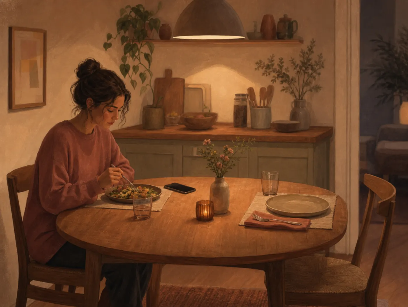 Loneliness Test: a person eating dinner alone at a table set for two, the second chair empty across from them