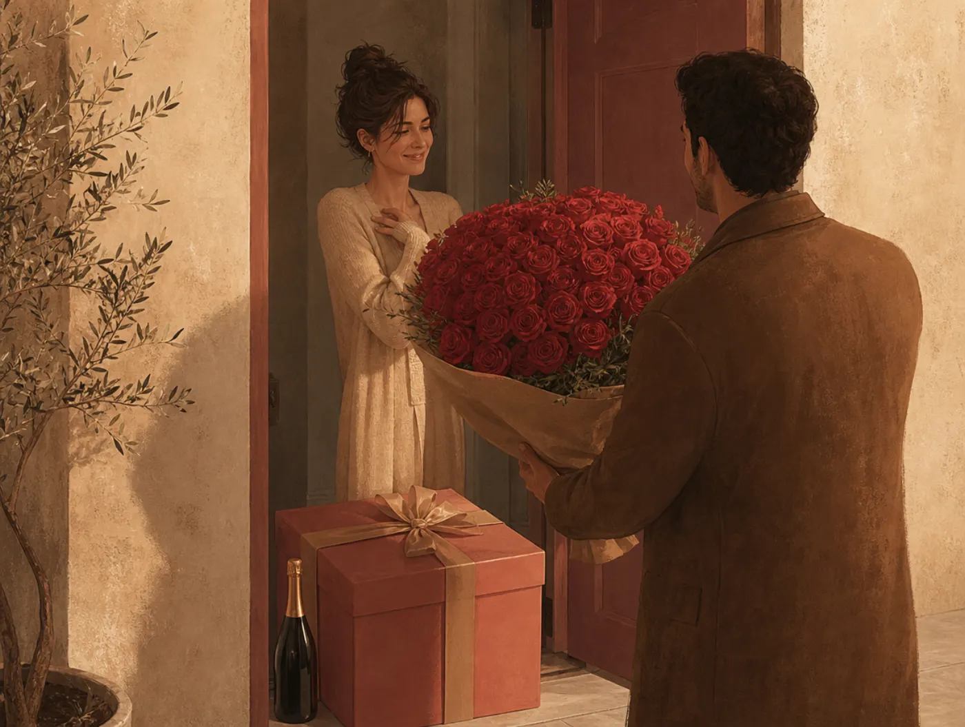 Love Bombing Test: woman in a doorway, arms full of roses and gifts, smiling stiffly with her shoulders drawn back