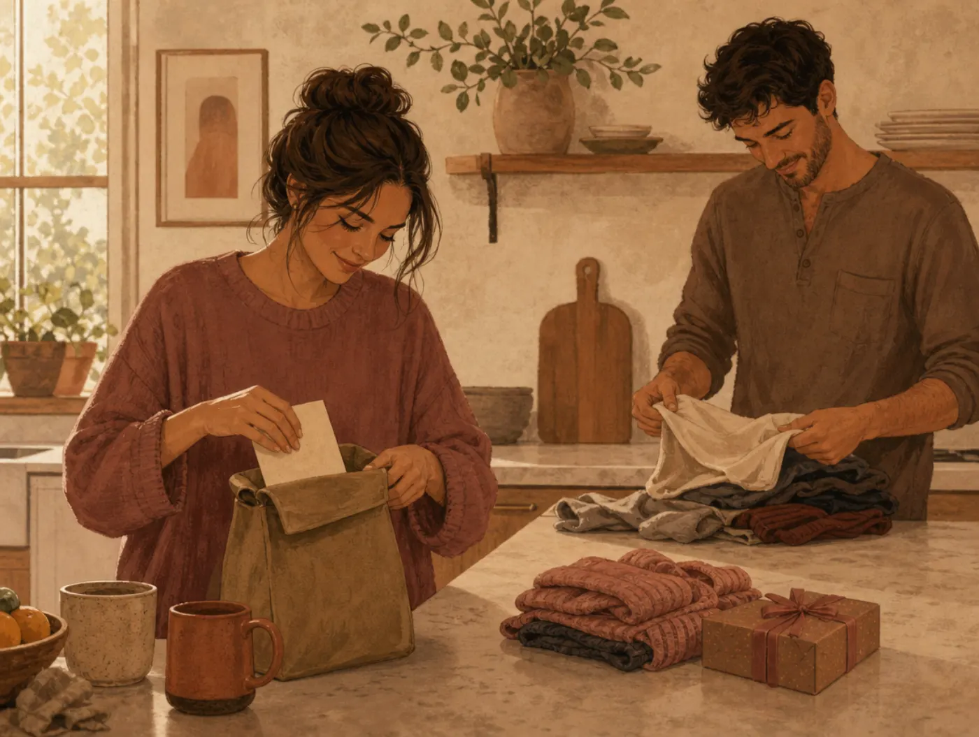 Love Language Test: a partner tucking a note into a lunch bag beside folded laundry and a small wrapped gift on the coun