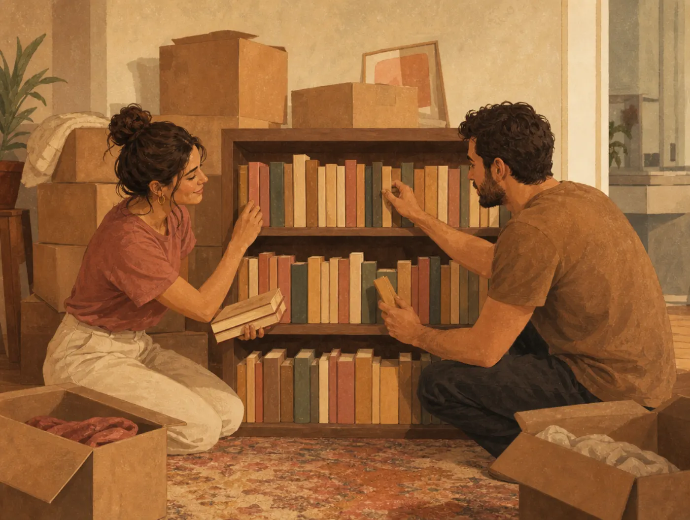 Love Styles Test: a couple merging two bookshelves into one shelf in a half-unpacked apartment