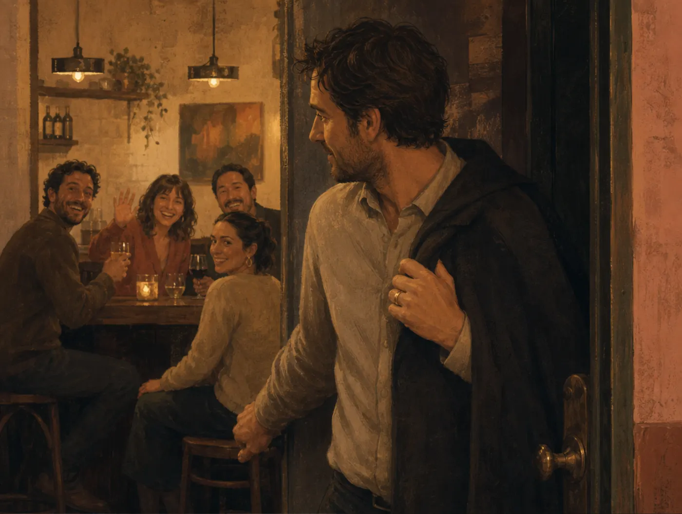Loyalty Test: How Loyal Are You, Really?: a man at a bar doorway, wedding ring visible, choosing to leave the group