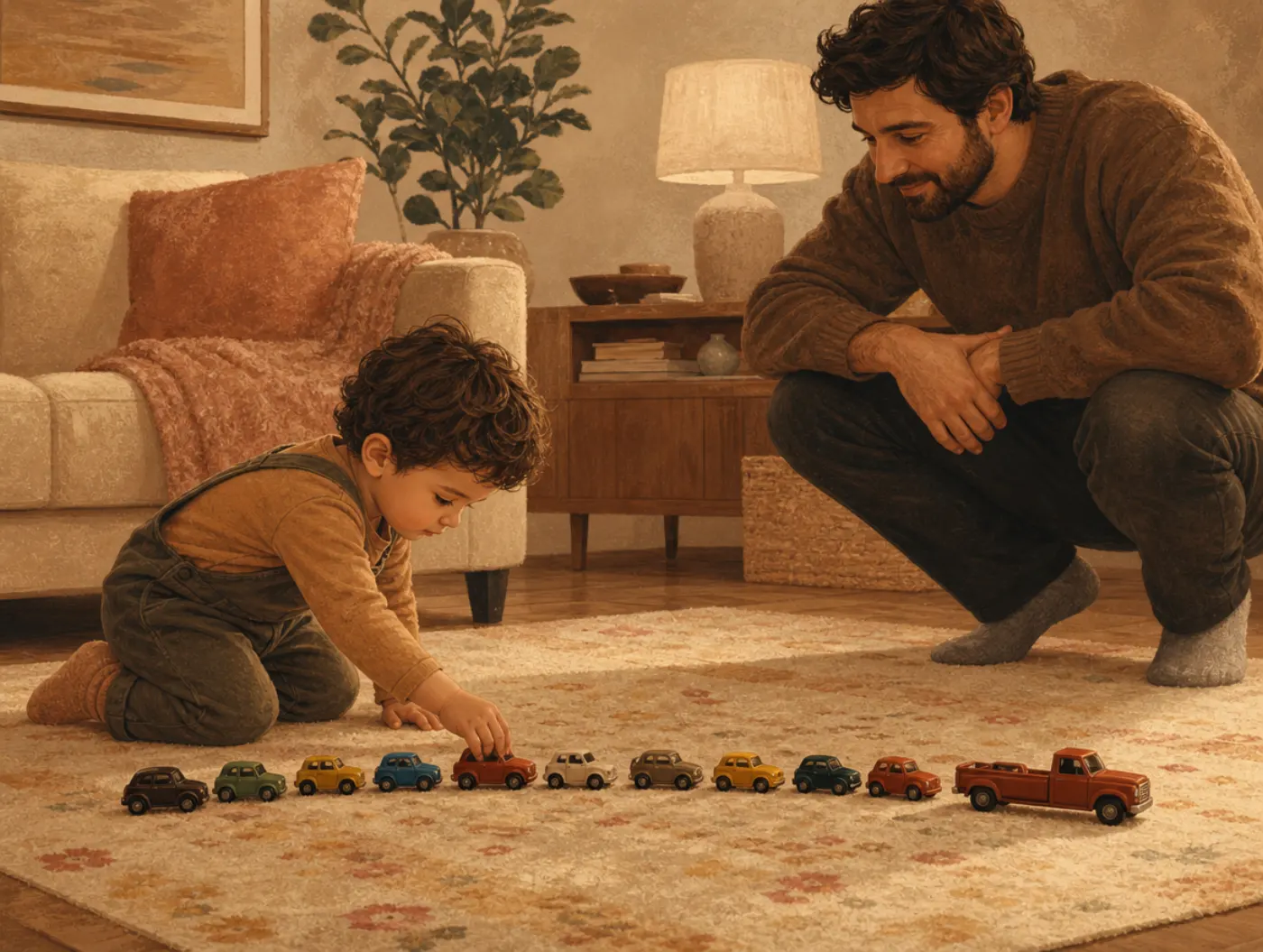 Early Autism Signals Screening: toddler lining up toy cars in a row while a parent quietly watches nearby