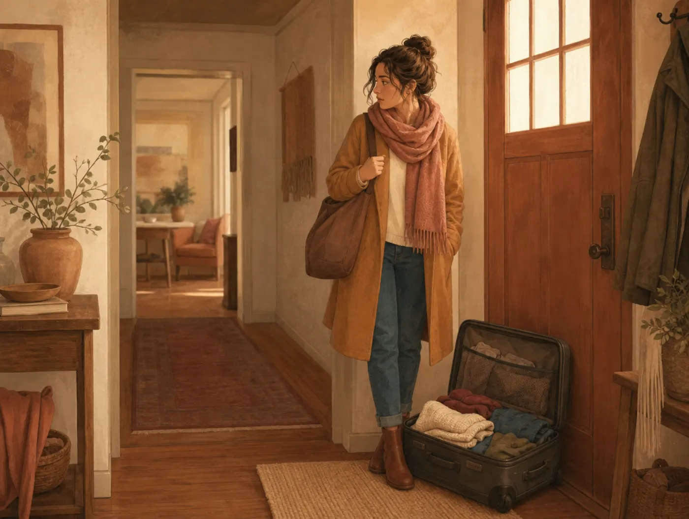 Schema Test: Early Maladaptive Schemas: a half-packed suitcase by the door, a woman glancing back