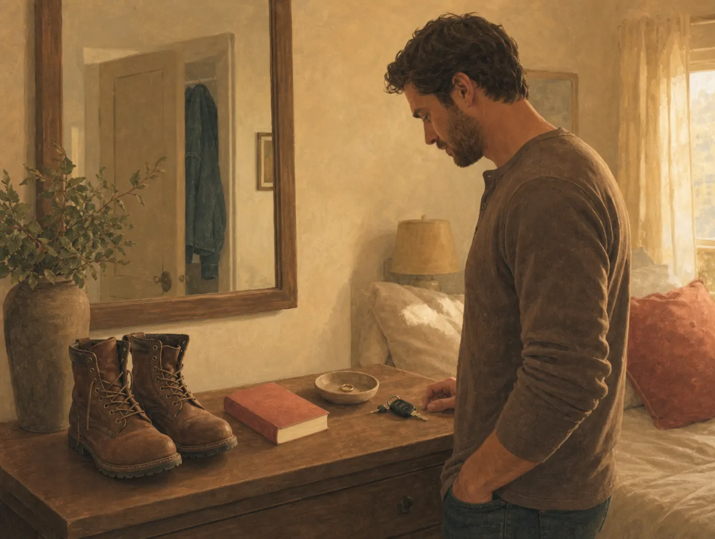Male Archetype Test: a man at his dresser lining up boots, a book, a ring dish, and keys before leaving