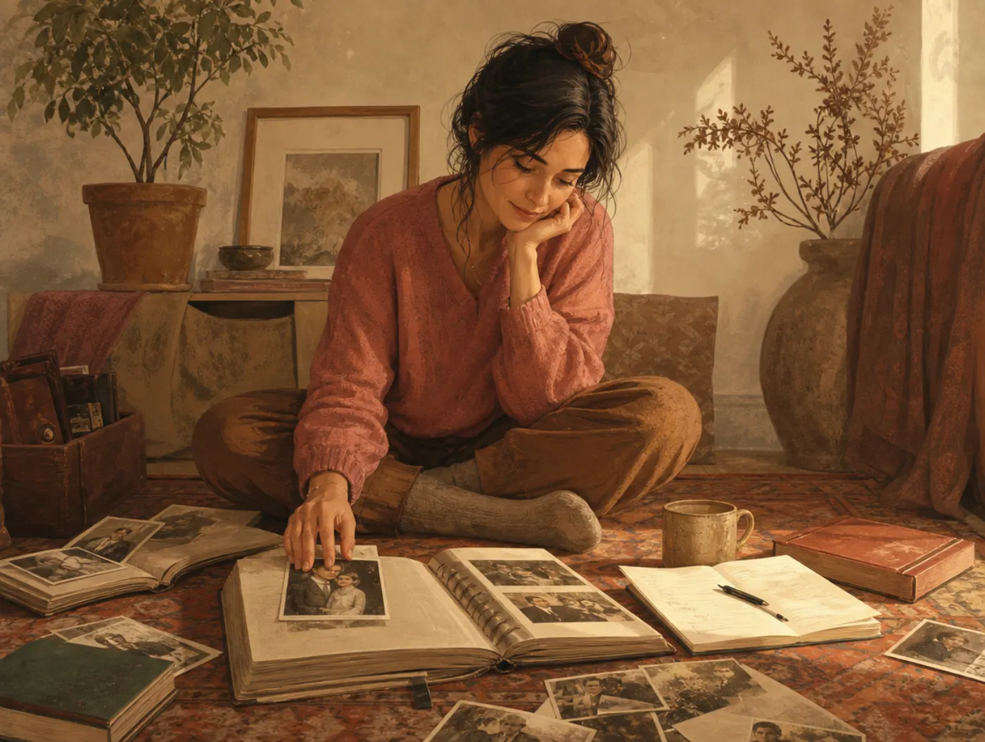 Meaning in Life Test: person surrounded by open photo albums, pausing mid-letter with a hand resting on an old photograp