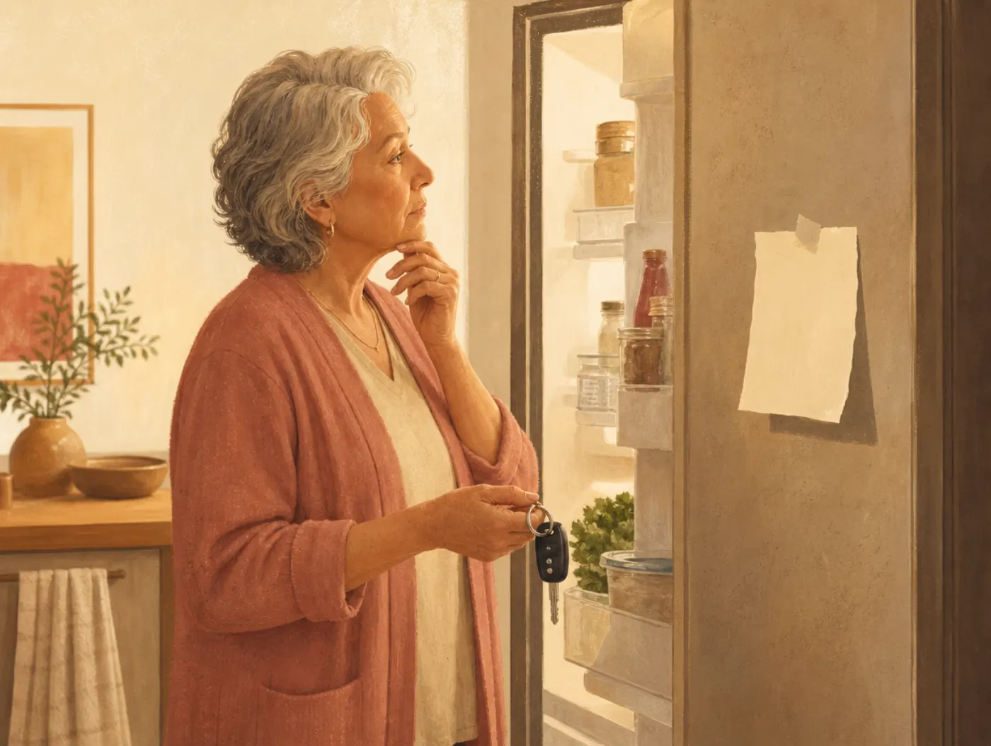 Memory & Dementia Concern Screen: an older adult pausing at the open fridge, holding car keys instead of groceries