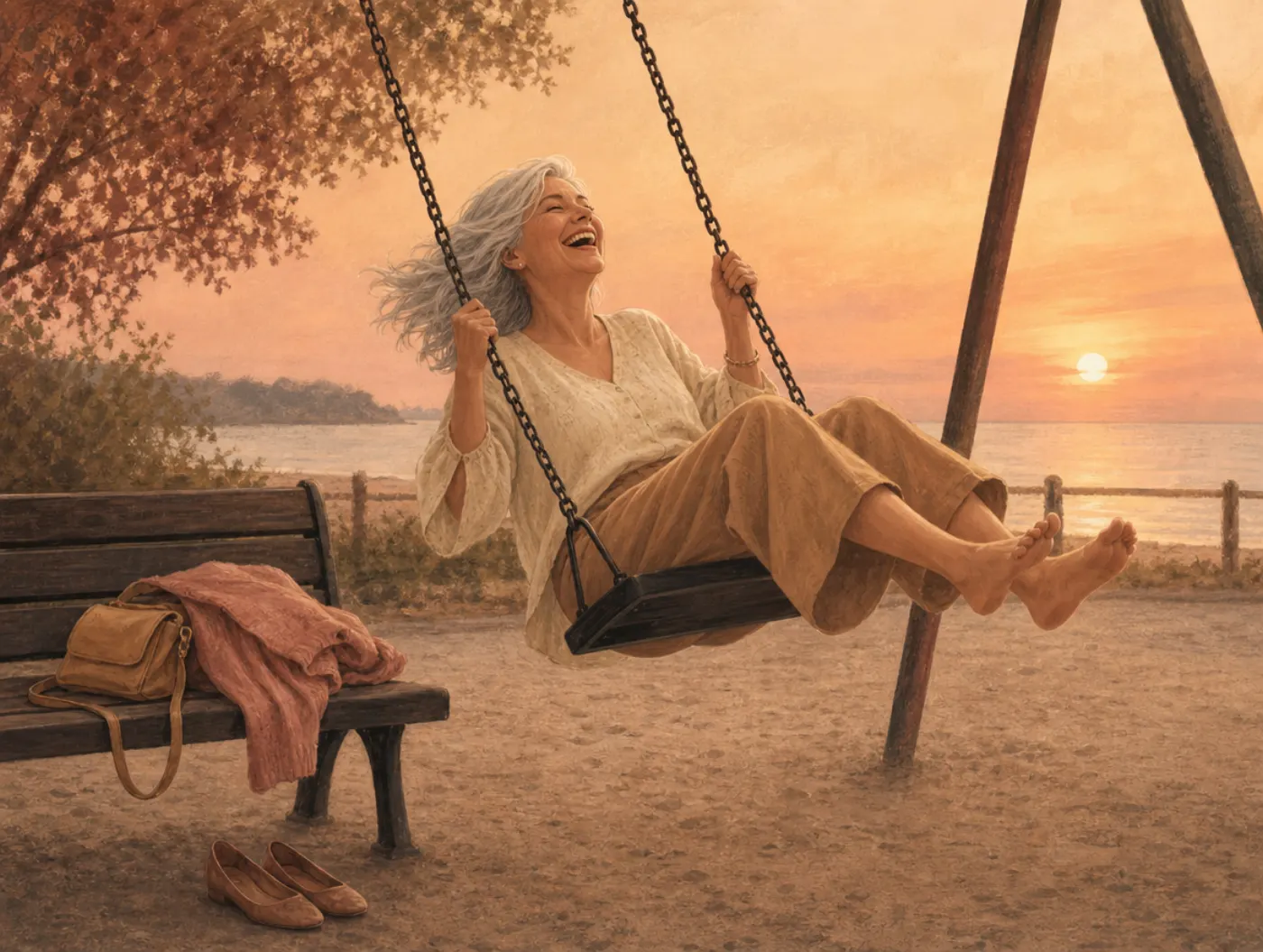 Mental Age Test: an older woman laughing on a playground swing at dusk, shoes off, cardigan and handbag left folded on a