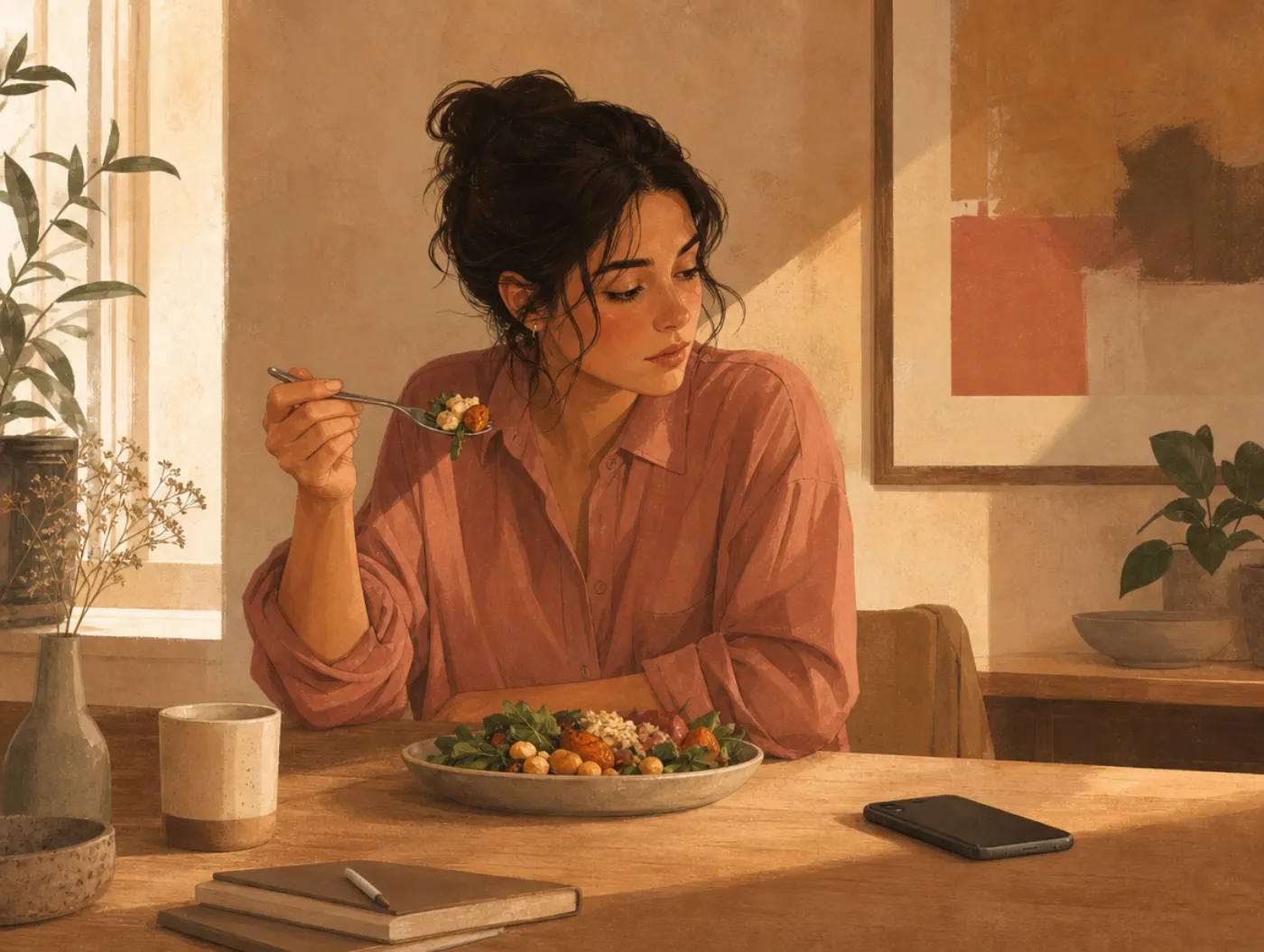 Mindfulness Test: a person pausing mid-bite at their desk, fork halfway up, phone face-down beside the plate