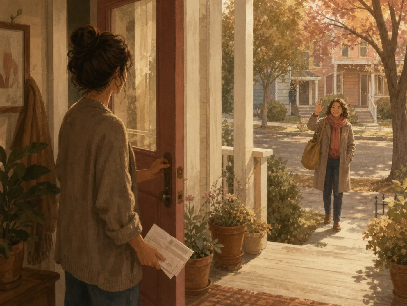 Misanthropy Test: a person quietly closing their front door to avoid a waving neighbor, mail still in hand