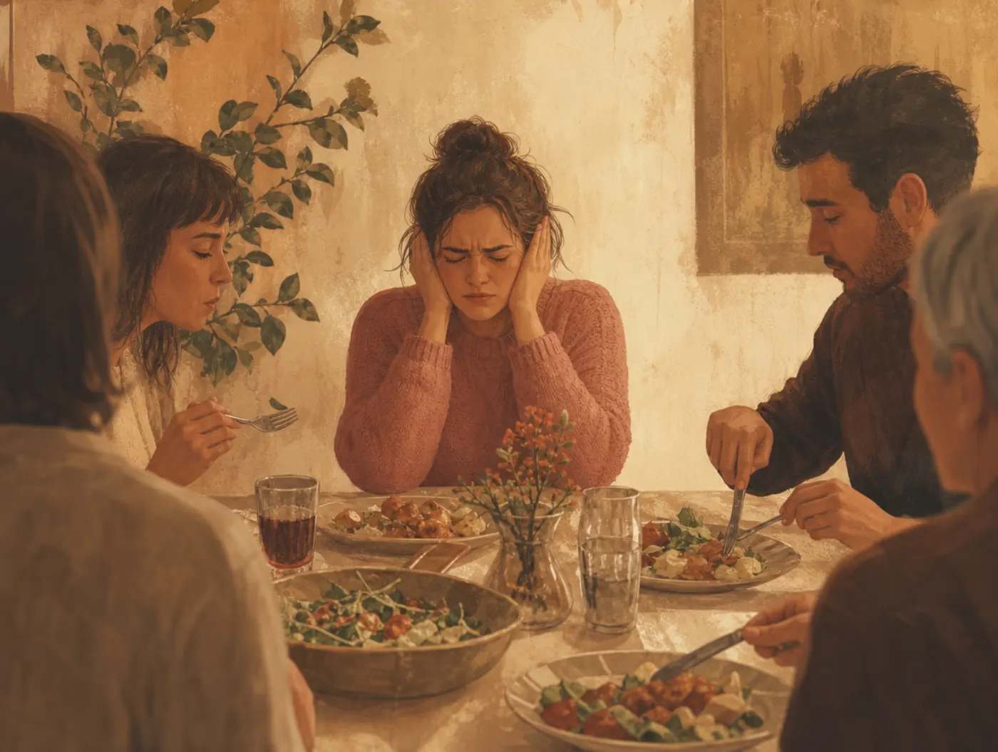 Misophonia Test: a person covering their ears at a dinner table while others eat nearby
