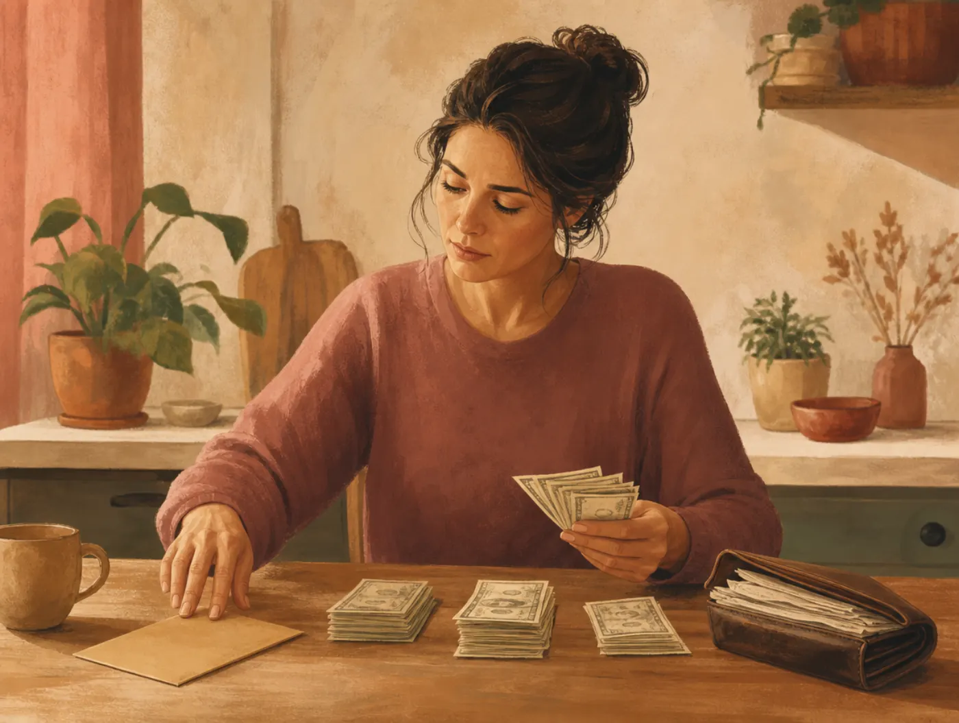 Money Personality Test: sorting cash into piles at a kitchen table, hesitating over an unopened bill