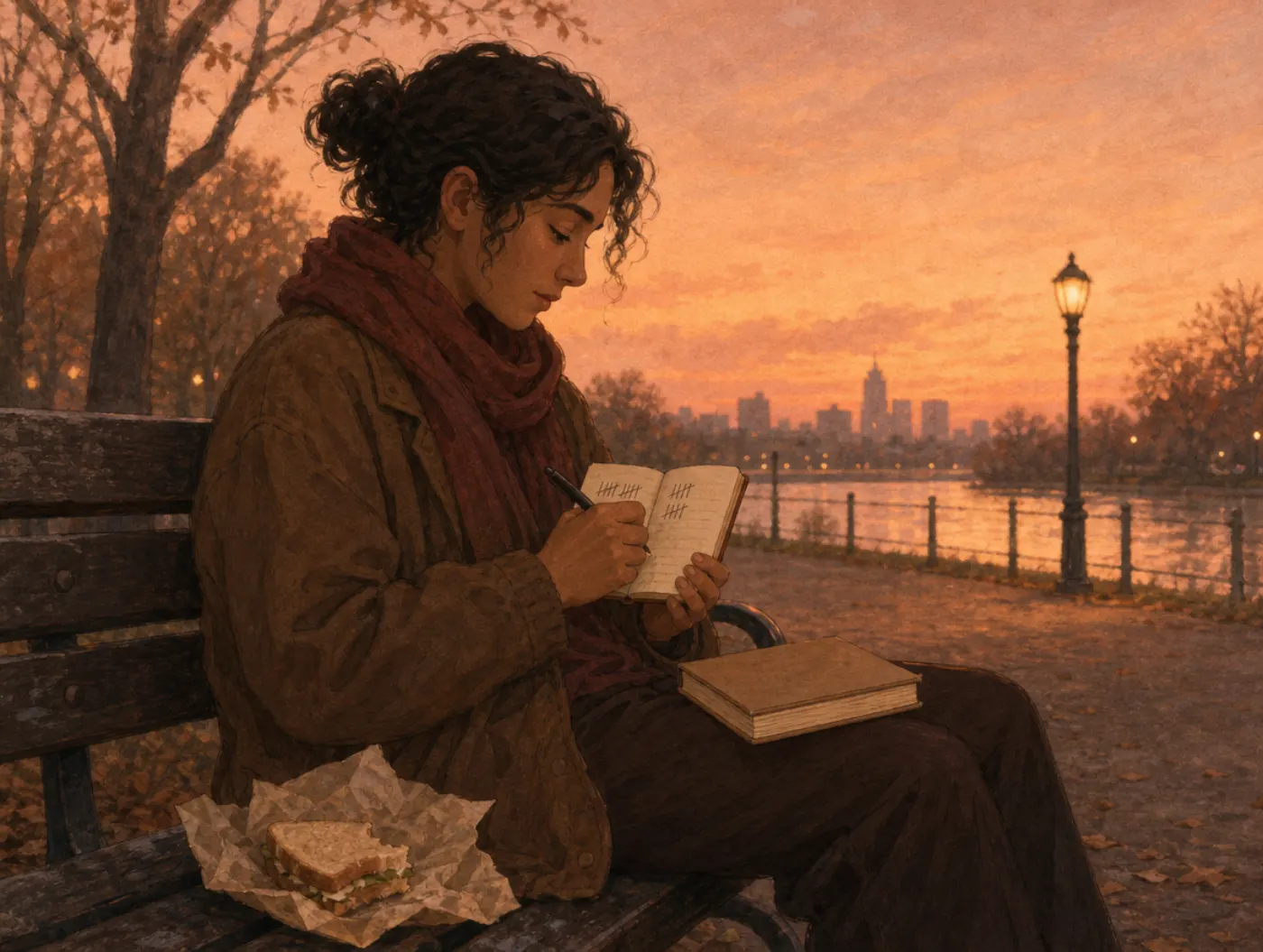 Mood Balance Test: person on a bench at dusk tallying feelings in a pocket notebook, two columns, untouched phone beside