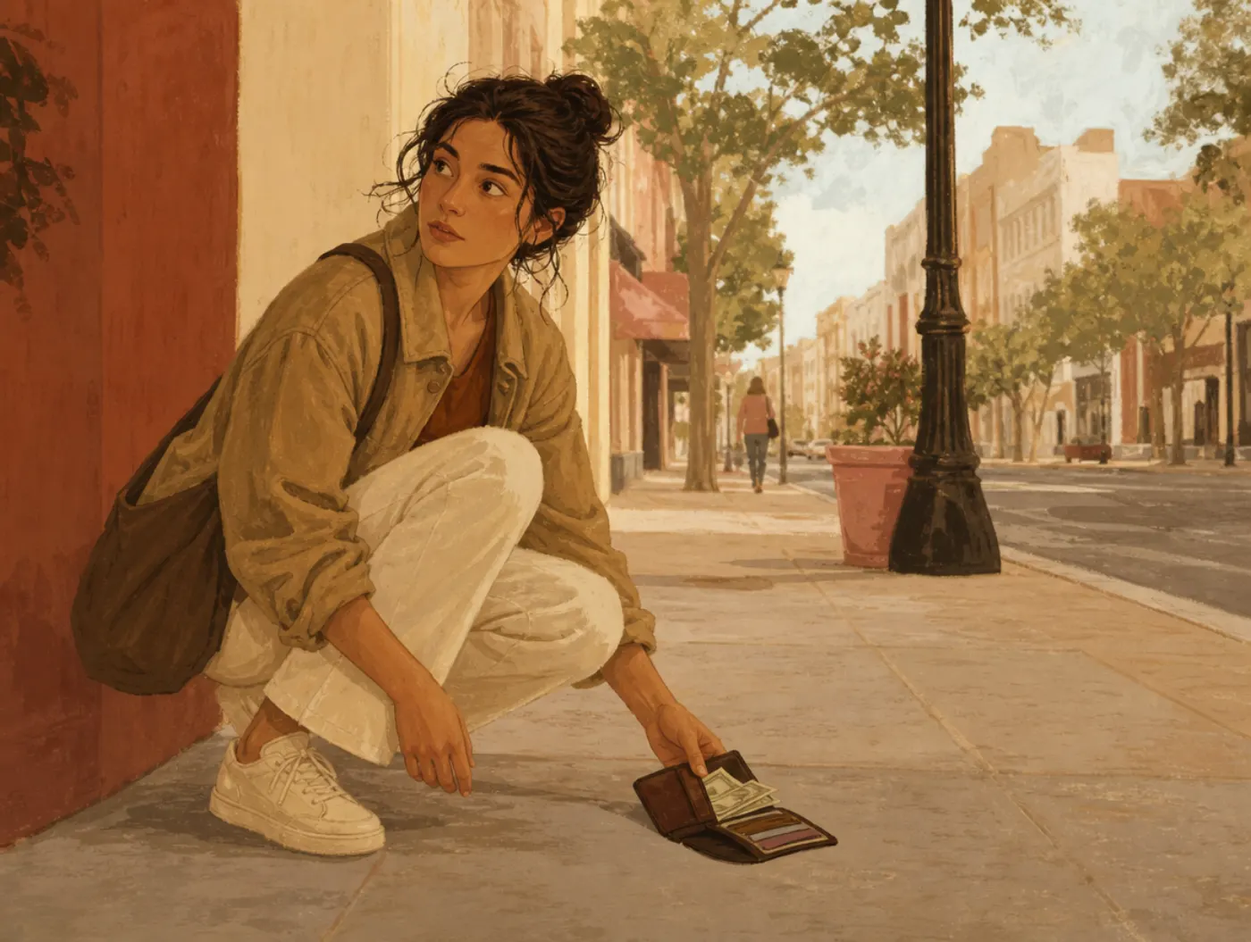 Moral Alignment Test: a pedestrian crouches over a stranger's dropped wallet, deciding whether to return it