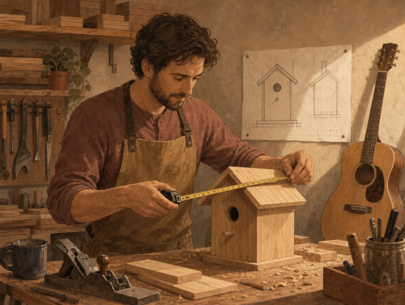 Multiple Intelligences Test: a woodworker measuring a birdhouse, blueprint and guitar in a garage workshop