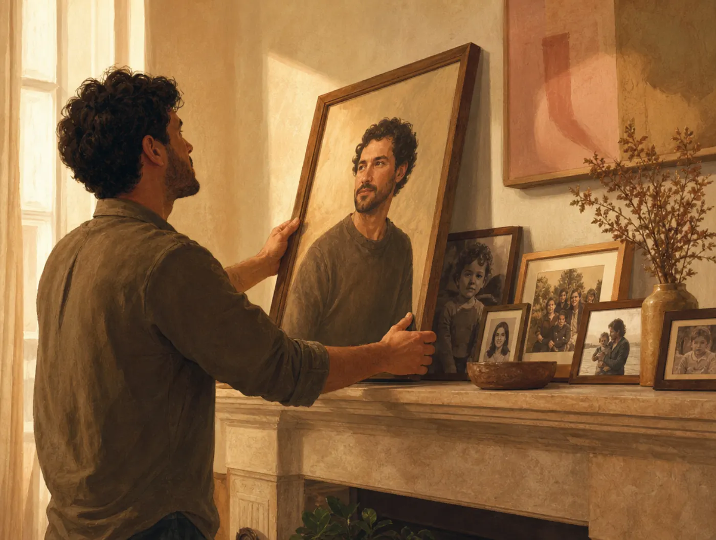 Narcissism Test: a man tilts his own oversized portrait on a mantel to outshine the family photos beside it